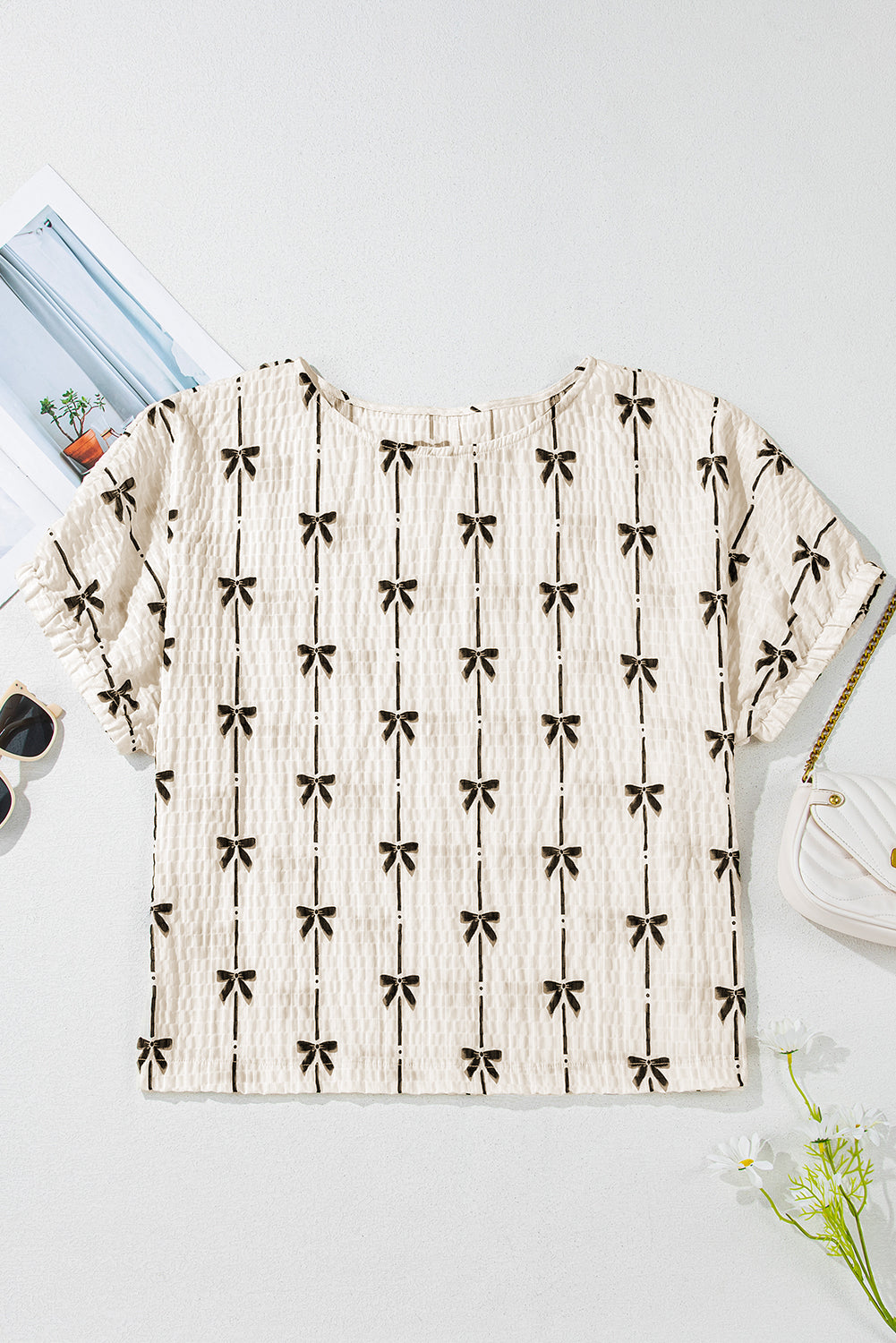 Beige Bow Print Puff Short Sleeve Top