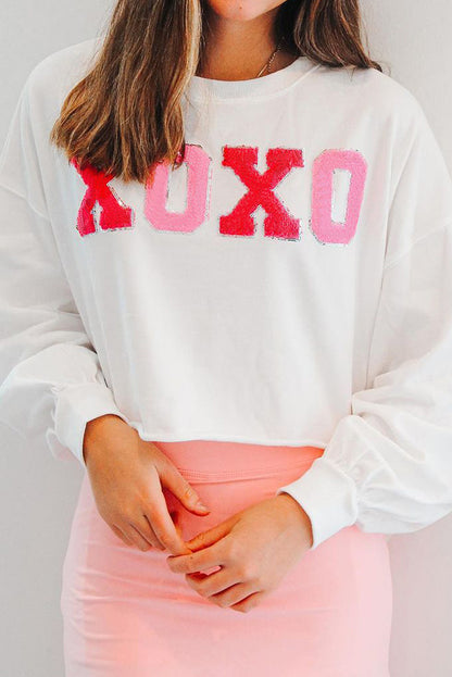 White XOXO Chenille Letter Graphic Valentine Pullover Sweatshirt