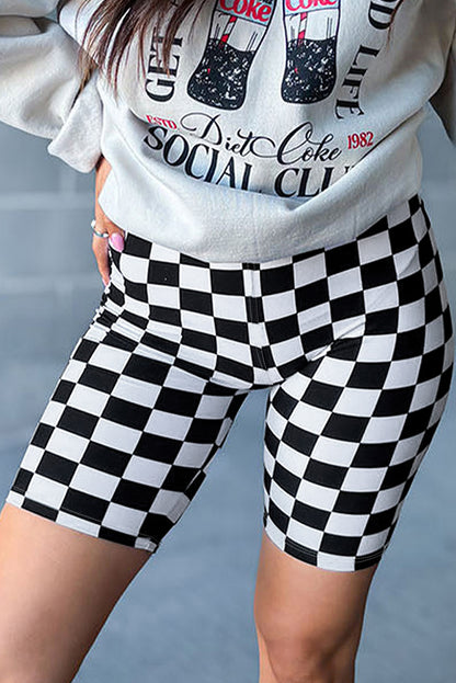 Black Checkerboard Printed High Waist Biker Shorts