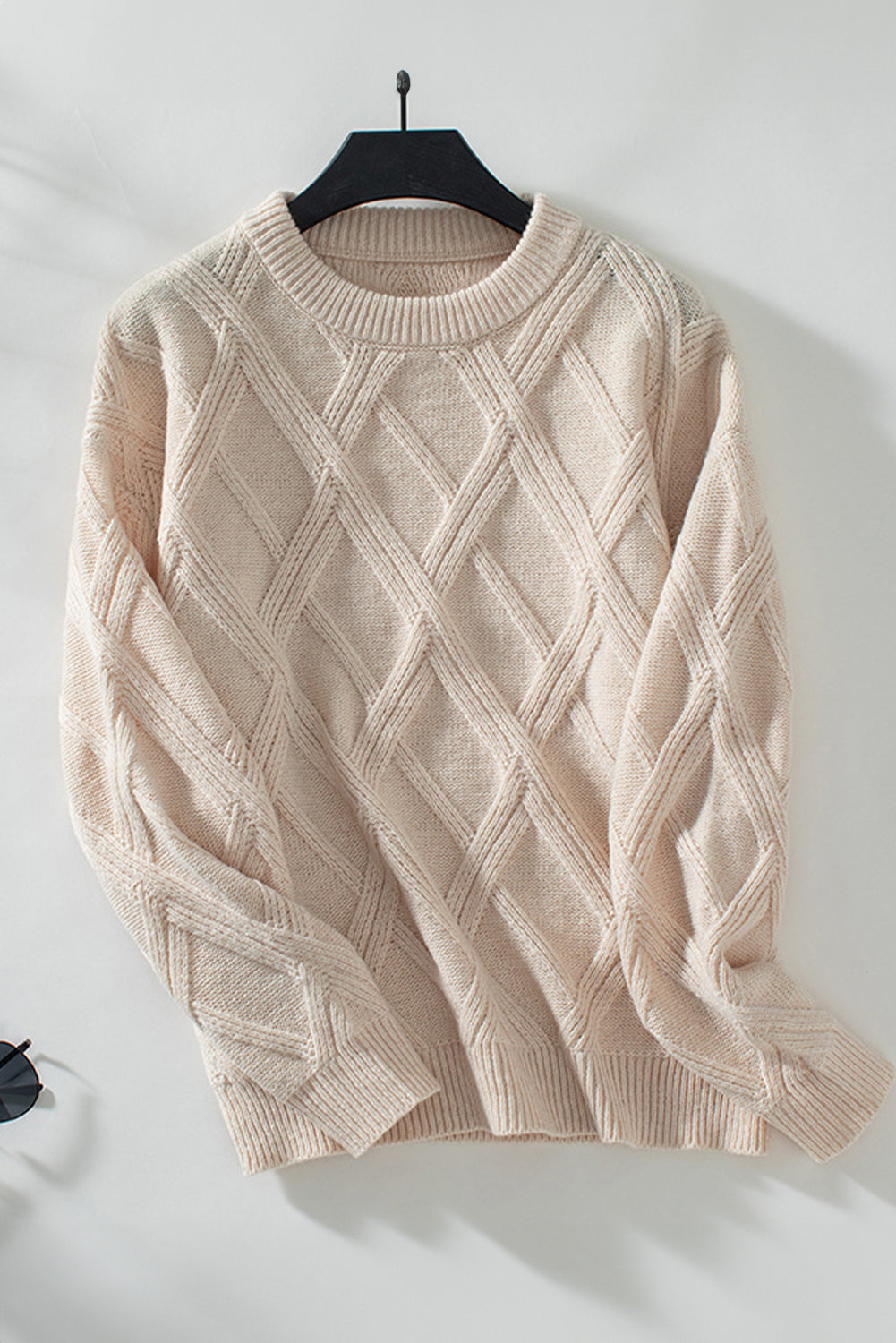 Apricot Diamond Pattern Textured Crew Neck Sweater