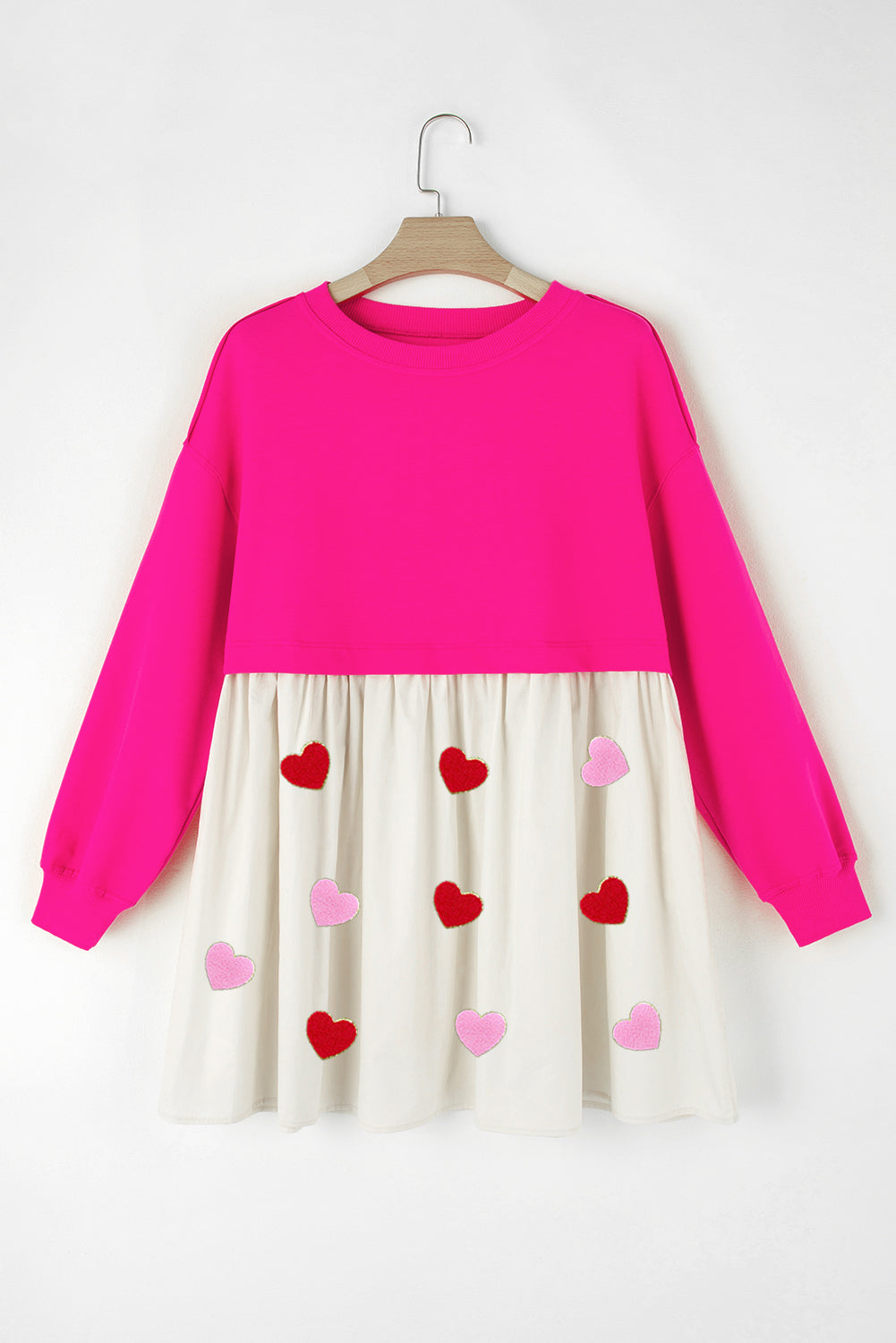 Rose Red Chenille Heart Graphic Patchwork Hem Mini Sweatshirt Dress