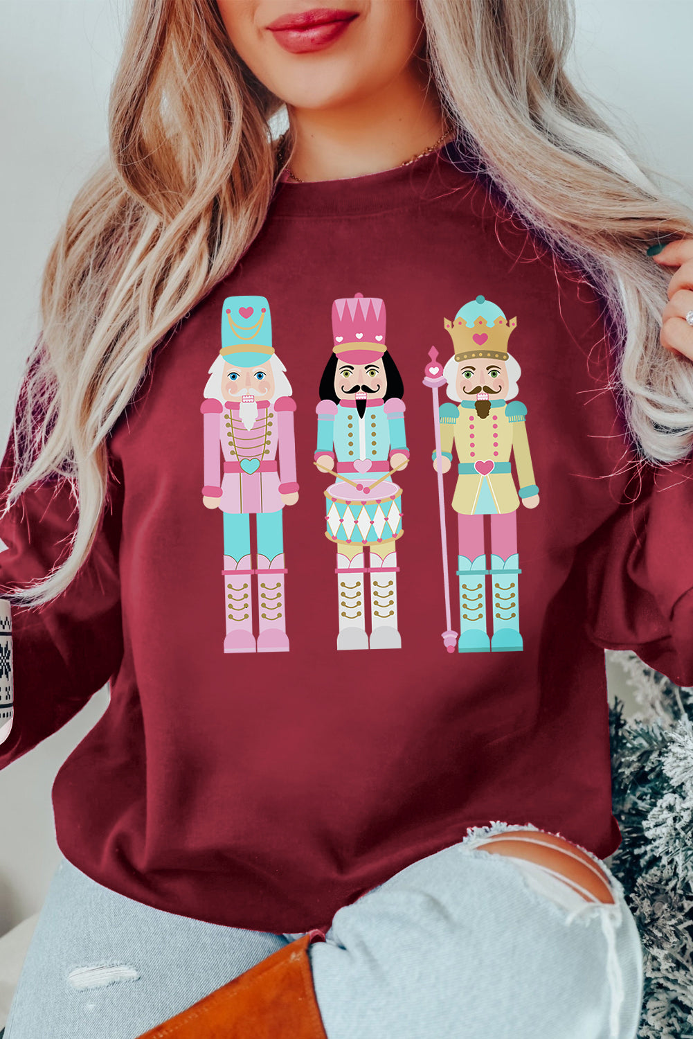 Burgundy Nutcracker Graphic Drop Shoulder Christmas Sweatshirt