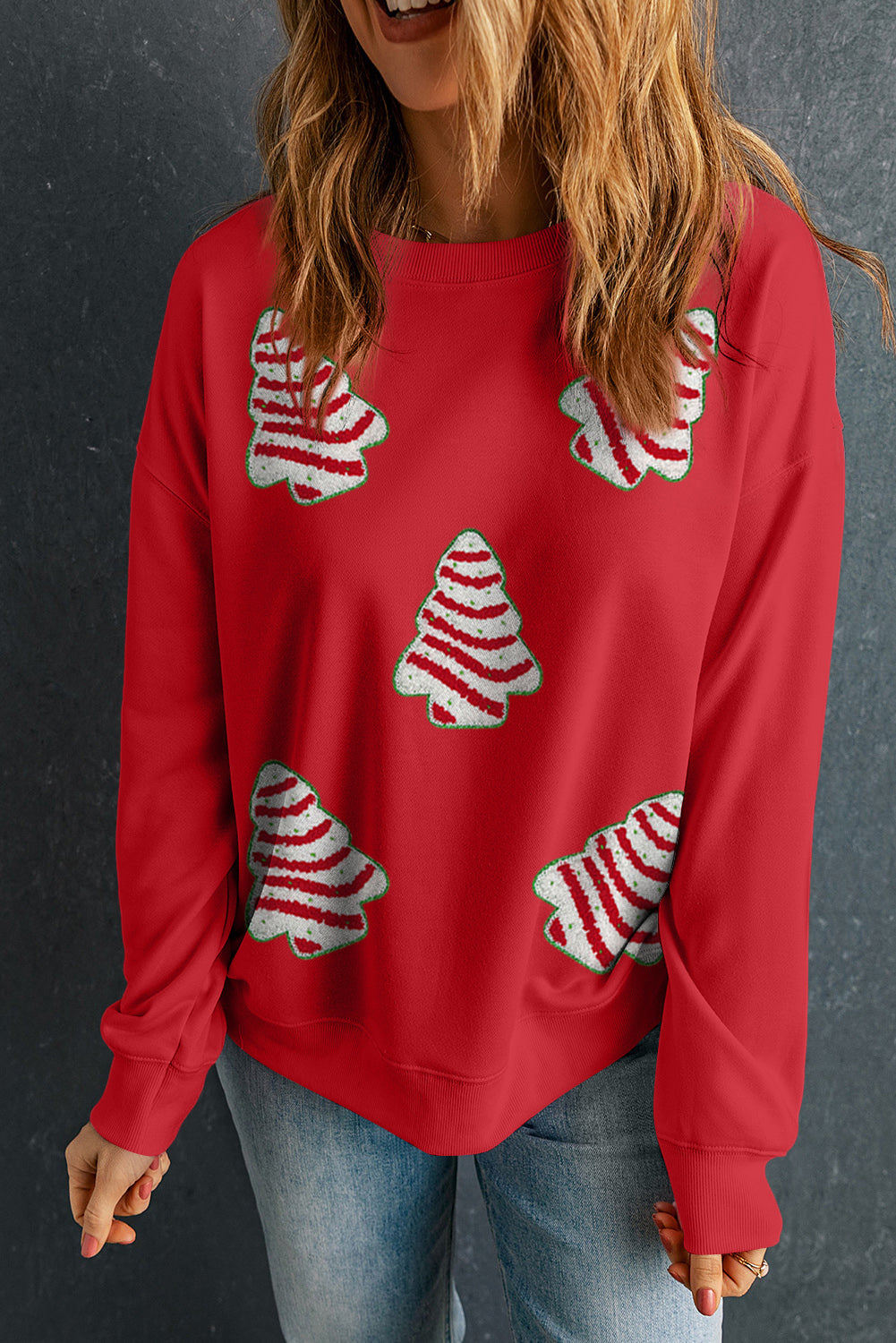 Red Playful Christmas Tree Patched Dropped Shoulder Sweatshirt