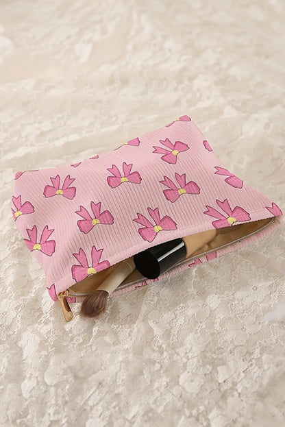 Pink Bow Tie Print Corduroy Makeup Bag