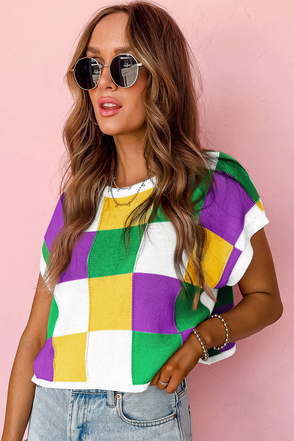 Tillandsia Purple Color Block Cap Sleeve Sweater