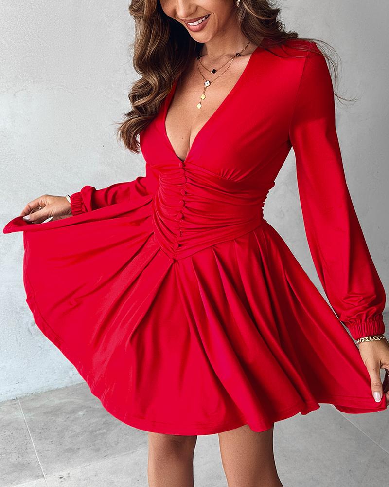 Plunge Neck Ruched A Line Flowy Dress Long Sleeve Casual Dress