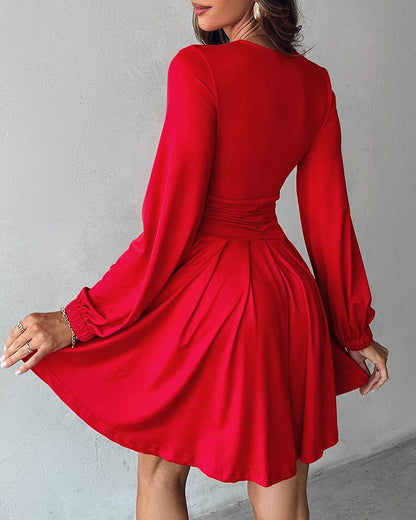 Plunge Neck Ruched A Line Flowy Dress Long Sleeve Casual Dress