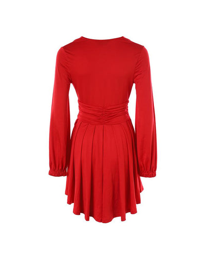 Plunge Neck Ruched A Line Flowy Dress Long Sleeve Casual Dress