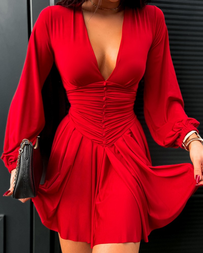 Plunge Neck Ruched A Line Flowy Dress Long Sleeve Casual Dress