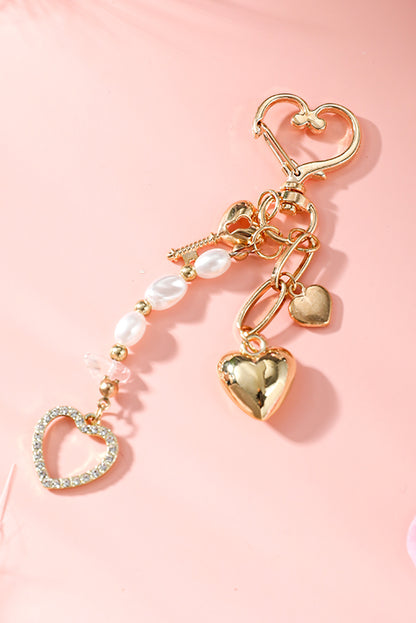 Gold Heart Shape Pearl Beaded Plated Alloy Keychain