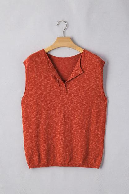 Orange Solid Color Split V Neck Short Sleeve Sweater