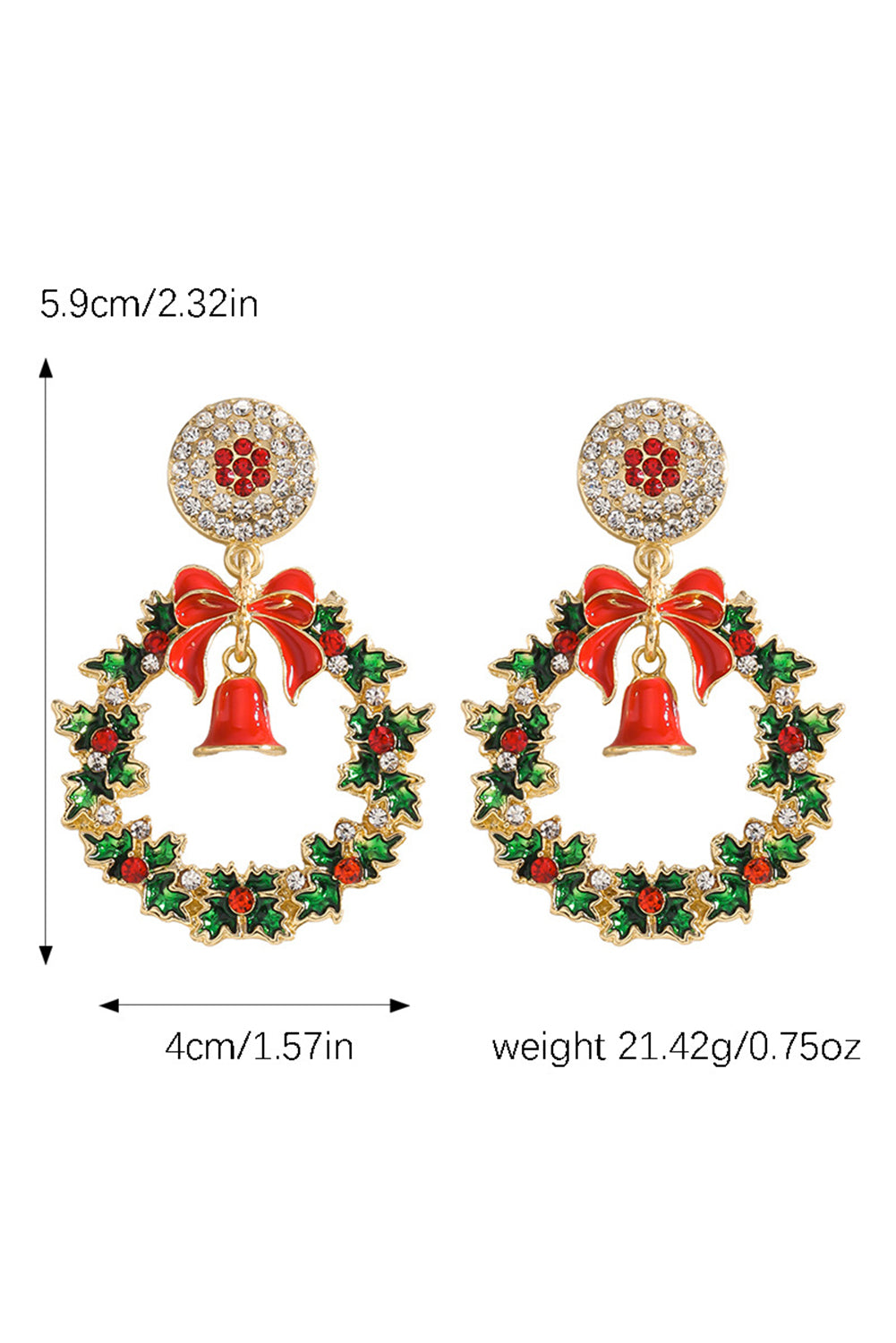 Racing Red Christmas Wreath Bell Rhinestone Stud Dangle Earrings