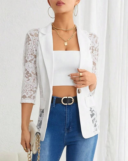 Lapel Neck Lace Patch Single Button Flap Detail Sheer Blazer Coat