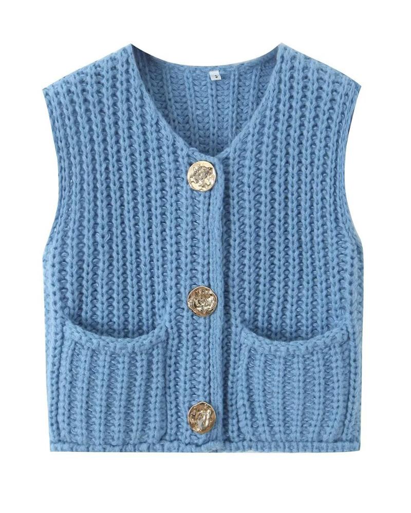 V Neck Sleeveless Button Front Knit Vest Casual Loose Fit Sweater Top with Pockets