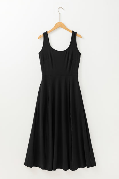 Black Sleeveless Scoop Neck Flared Split Midi Dress