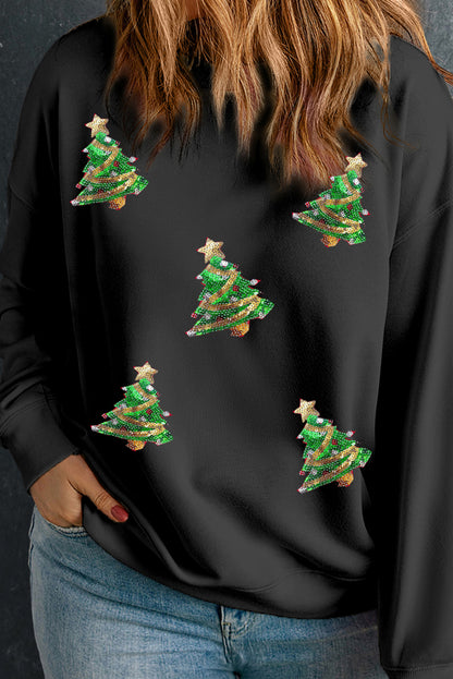 Black Christmas Tree Pattern Drop Shoulder Plus Size Sweatshirt