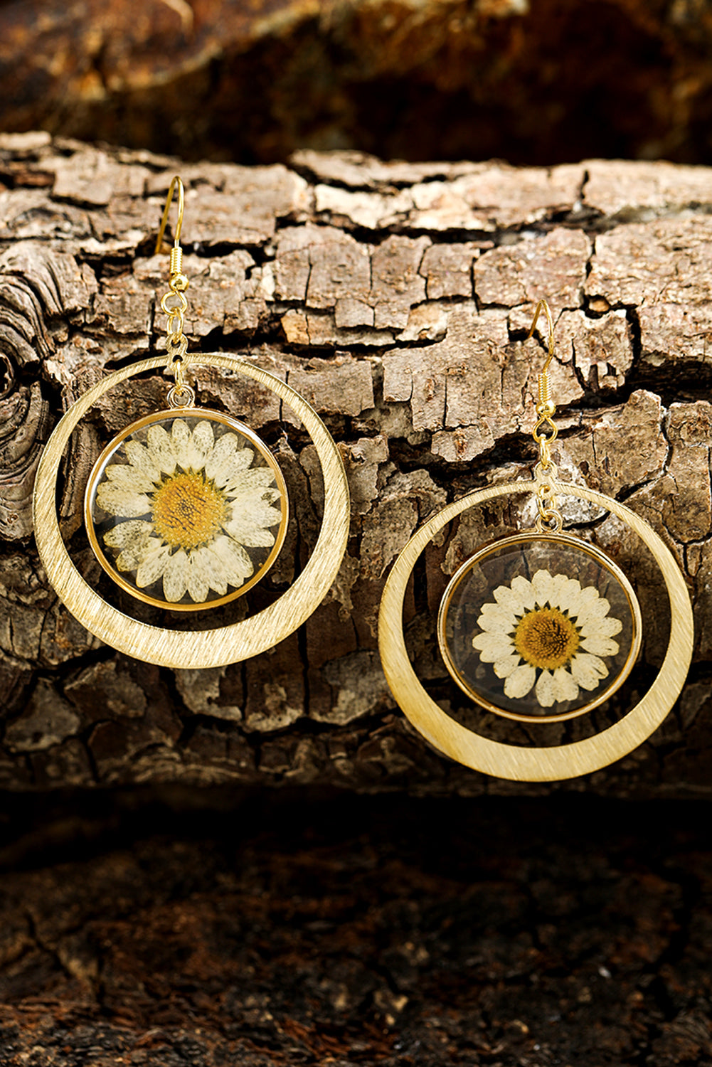 Gold Daisy Disc Dangle Hook Earrings