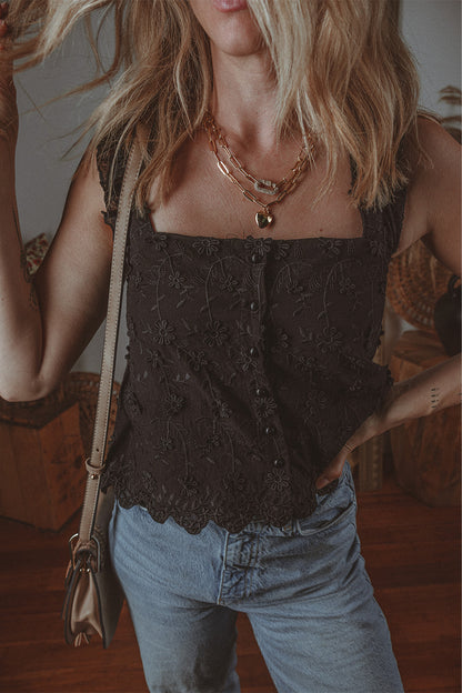 Black Floral Embroidered Buttoned Square Neck Tank Top