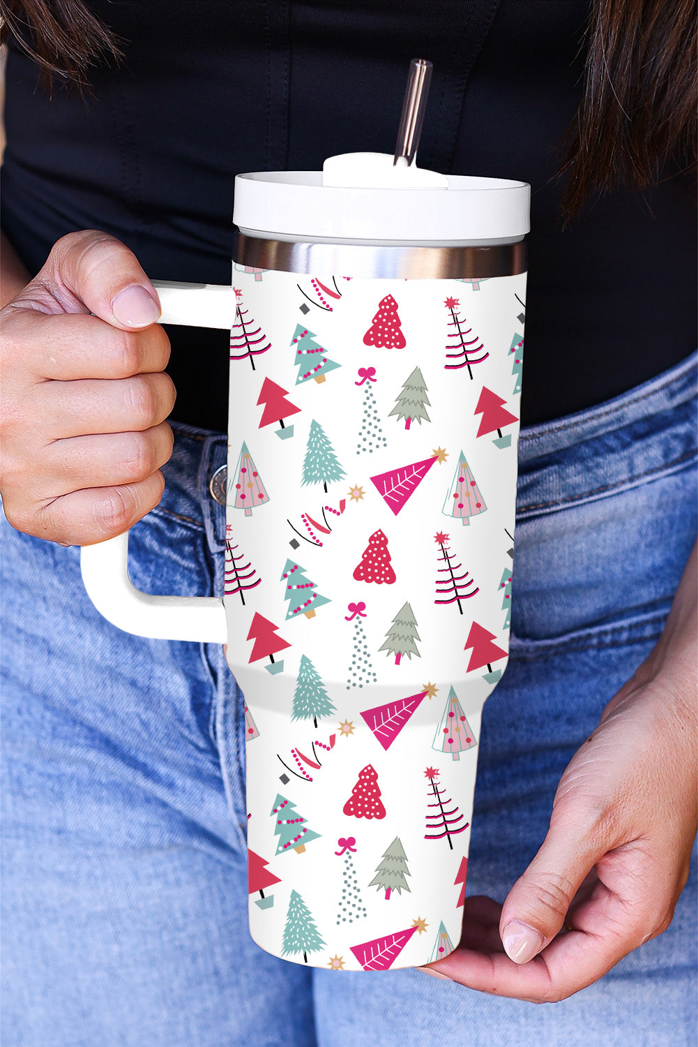 White Cartoon Christmas Tree Printed Thermos Cup 40oz