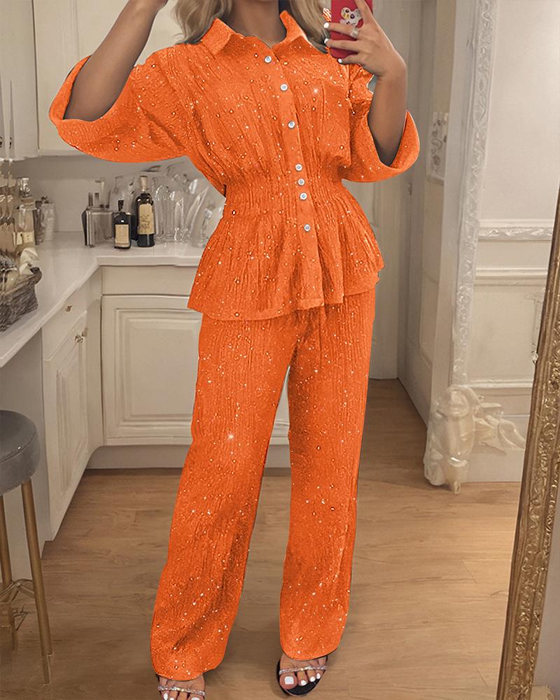 2 Pieces Glitter Stand Collar Three Quarters Sleeve Button Front Blouse and Casual Loose Fit Pants Set