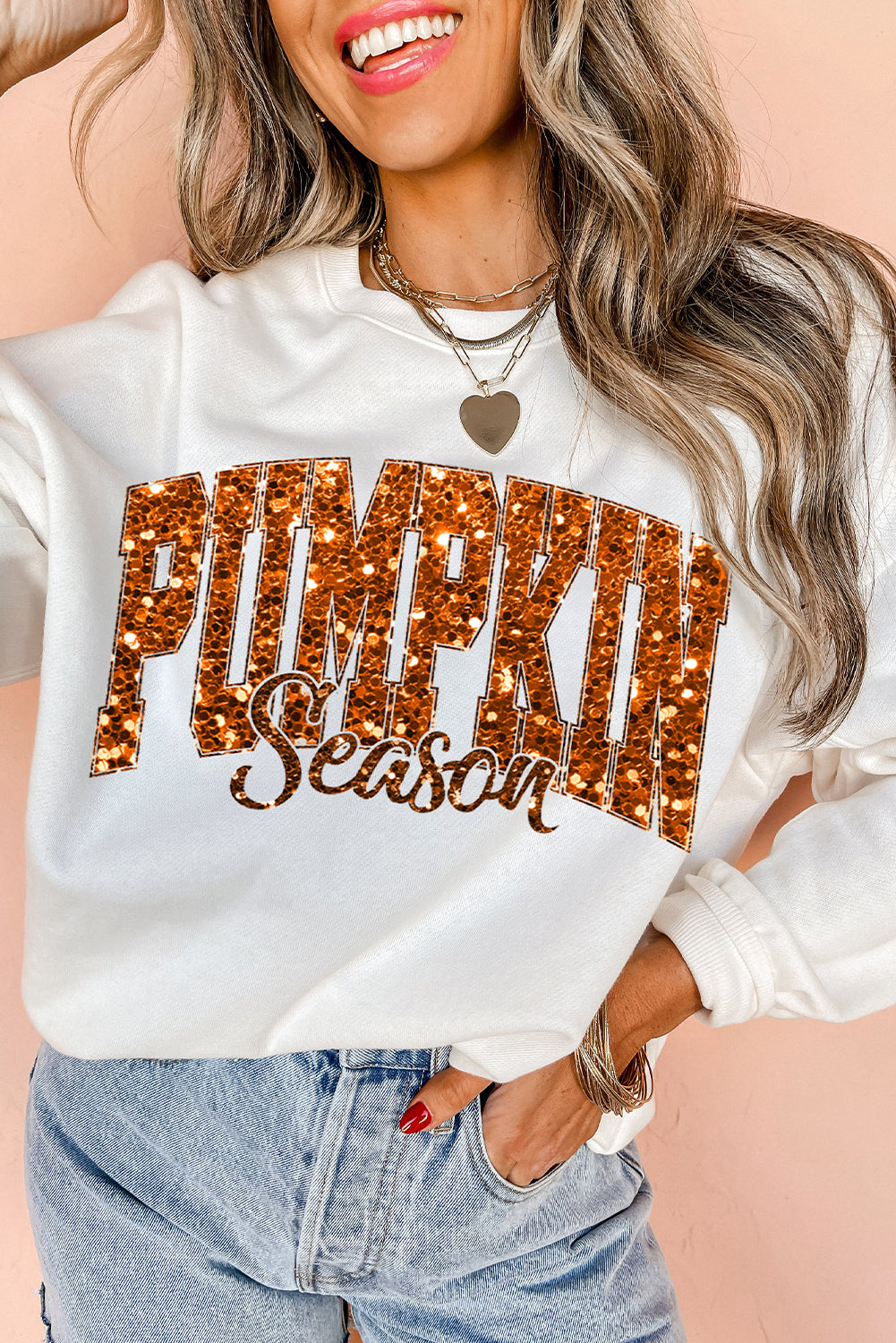 Beige Heat-transfer PUMPKIN Season Printed Crewneck Thanksgiving Sweatshirt