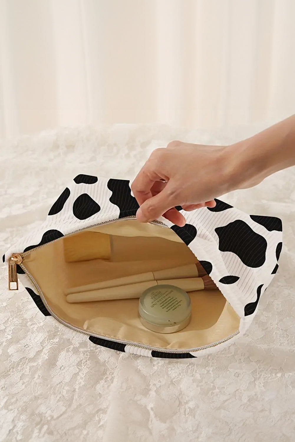 White Cow Print Corduroy Large Cosmetic Storage Bag