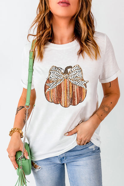 White Thanksgiving Bow Knot Pumpkin Print Round Neck T Shirt