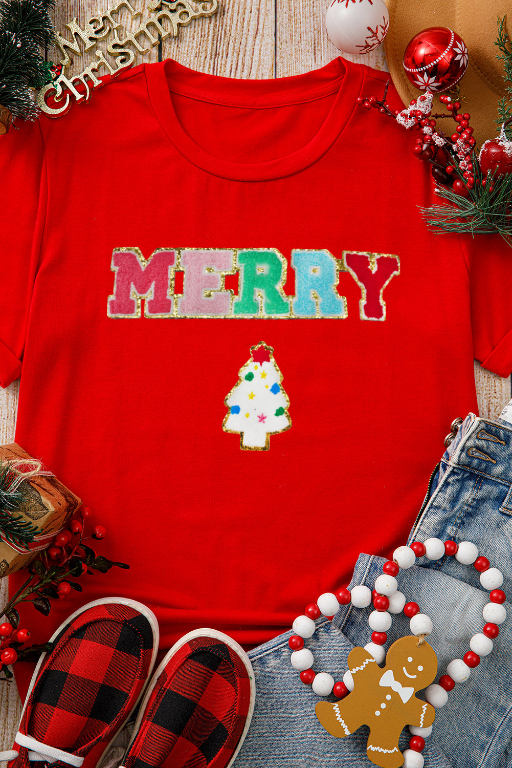 Red Chenille MERRY Christmas Tree Graphic Tee