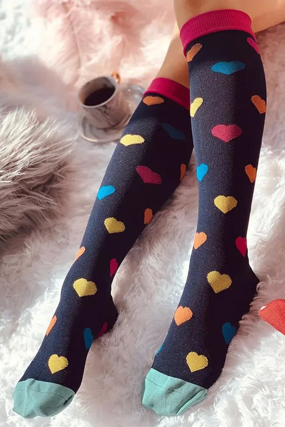 Navy Blue Valentine Heart Pattern Contrast Trim Mid-length Socks