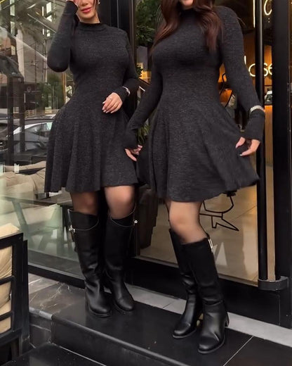 Stand Collar Long Sleeve Cinched Waist Flared Mini Dress Casual Dress