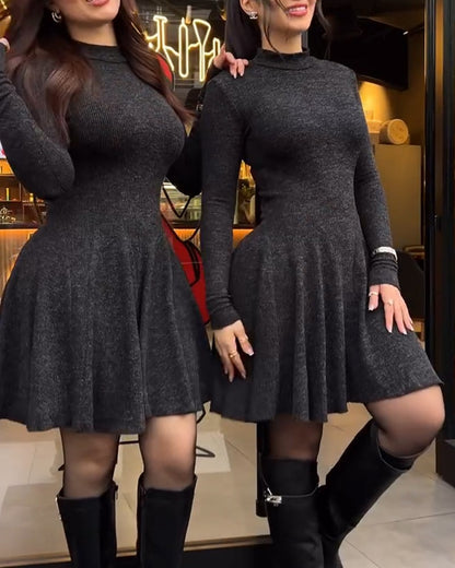 Stand Collar Long Sleeve Cinched Waist Flared Mini Dress Casual Dress