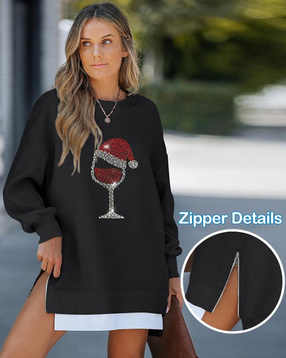 Christmas Sequin Letter Pattern Casual Dress Side Zipper Design Pullover Sweatshirt