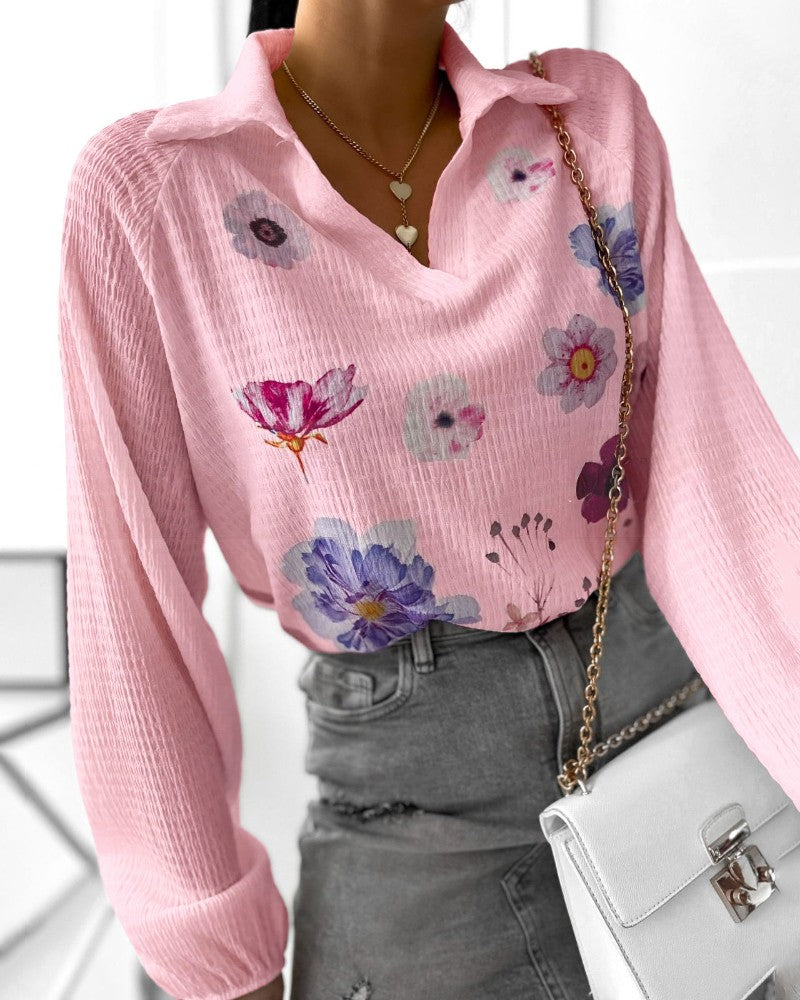 Floral Print Polo Collar Long Sleeve Blouse Casual Pullover Shirt Top