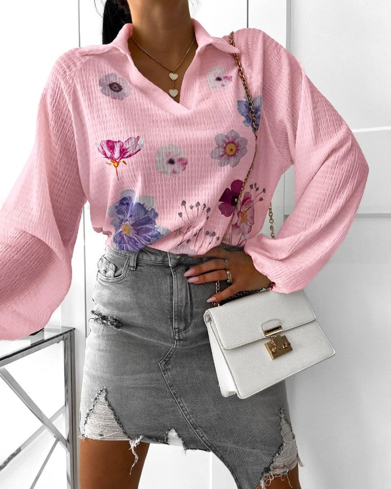 Floral Print Polo Collar Long Sleeve Blouse Casual Pullover Shirt Top