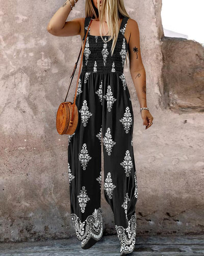 Graphic Print Square Neck Thick Strap Shirred Jumpsuit Wide Leg Overalls with Pockets