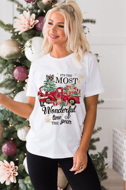 White Christmas Pattern Slogan Print Crew Neck T Shirt