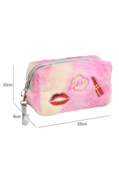 Pink Sequined Lip Lipstick Fluffy Cosmetic Bag