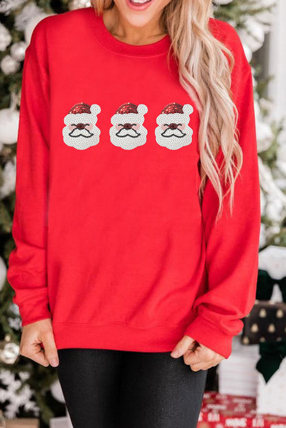 Red Sequin Father Christmas Patch Graphic Pullover Sweatshirt