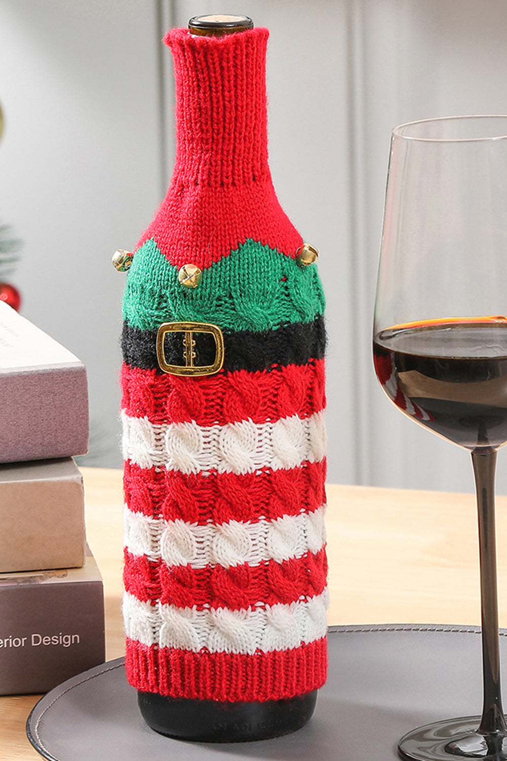 Racing Red Christmas Stripes Knitted Jingle Bell Wine Bottle Sleeve