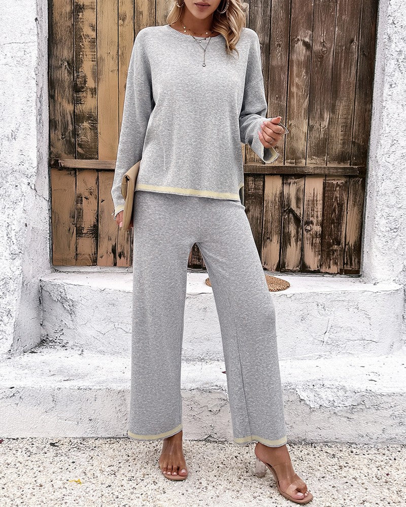 2PCS Round Neck Long Sleeve Slit Top & Straight Leg Pants Set