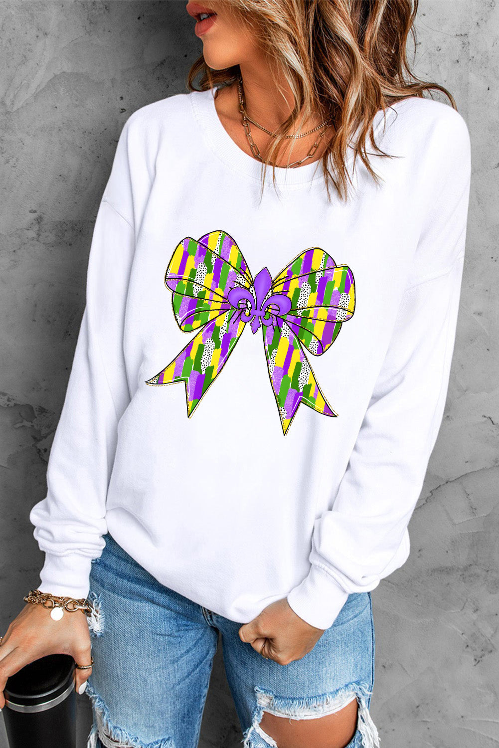 White Mardi Gras Bowknot Graphic Pullover Sweatshirt