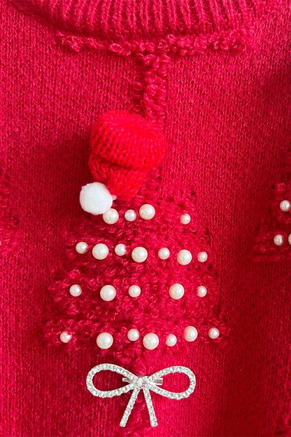 Racing Red Rhinestone Bow Pearl Decor Christmas Tree Round Neck Sweater