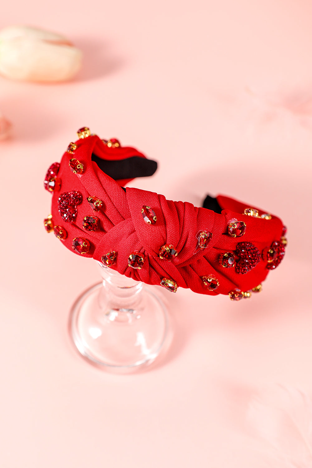 Fiery Red Rhinestone Heart Glass Drill Studded Knotted Wide Headband