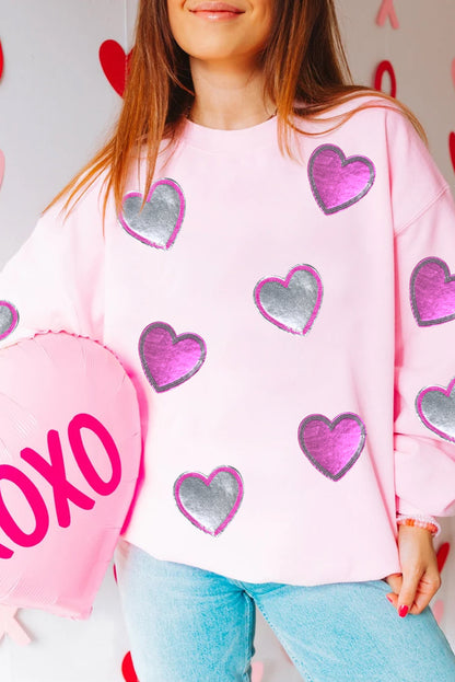 Pink Valentines Heart Patched Drop Shoulder Sweatshirt