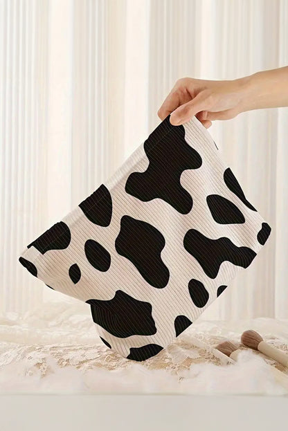 White Cow Print Corduroy Large Cosmetic Storage Bag