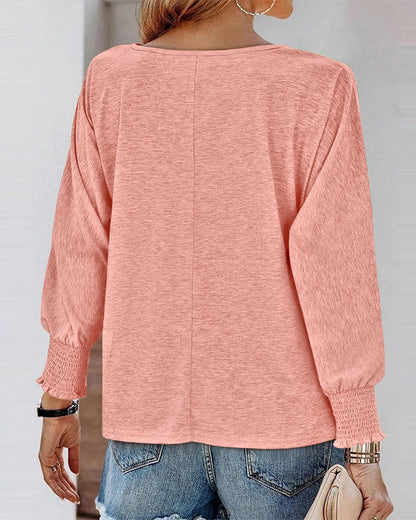 Round Neck Shirred Lantern Sleeve Long Sleeve Softy Basic T Shirt Casual Tee