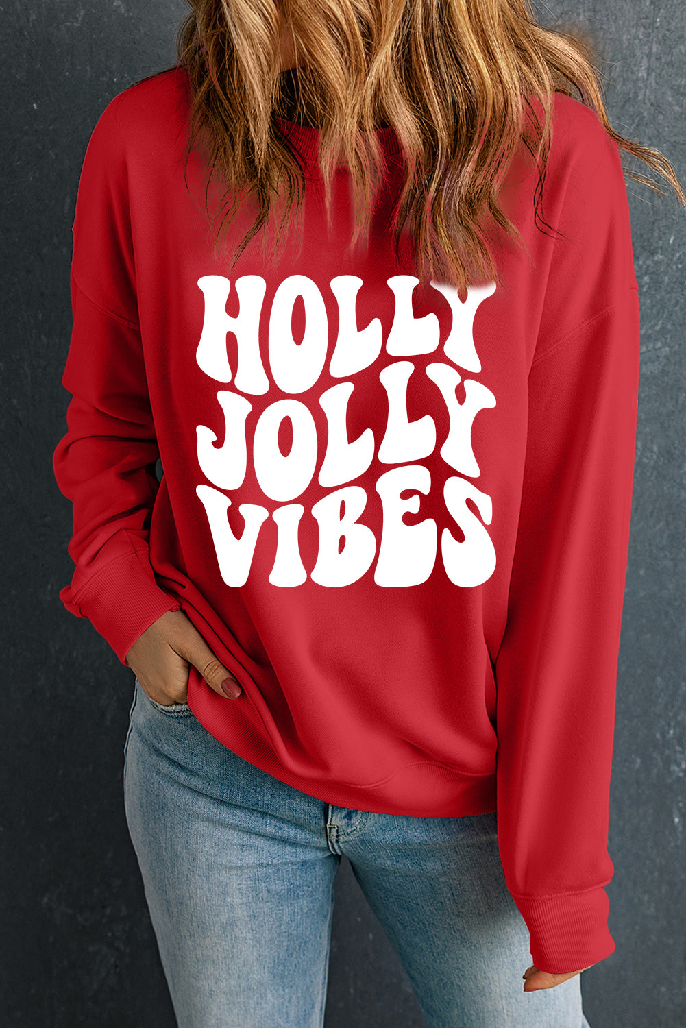 Red HOLLY JOLLY VIBES Graphic Crewneck Christmas Sweatshirt