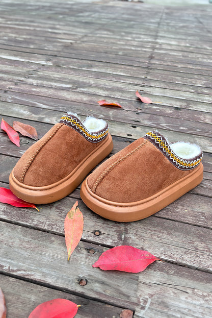 Chestnut Contrast Edge Suede Plush Lined Thick Sole Winter Slippers