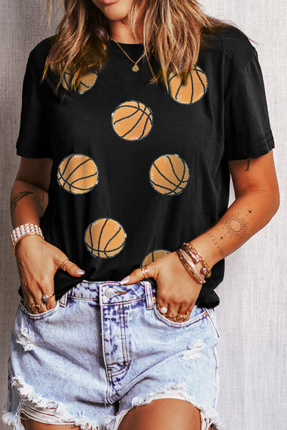 Black Sequin Basketball Graphic Crewneck Game Day T Shirt