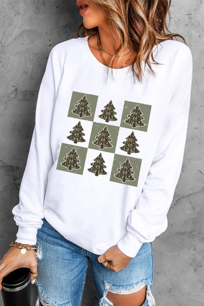 Beige Christmas Tree Checker Print Drop Shoulder Sweatshirt